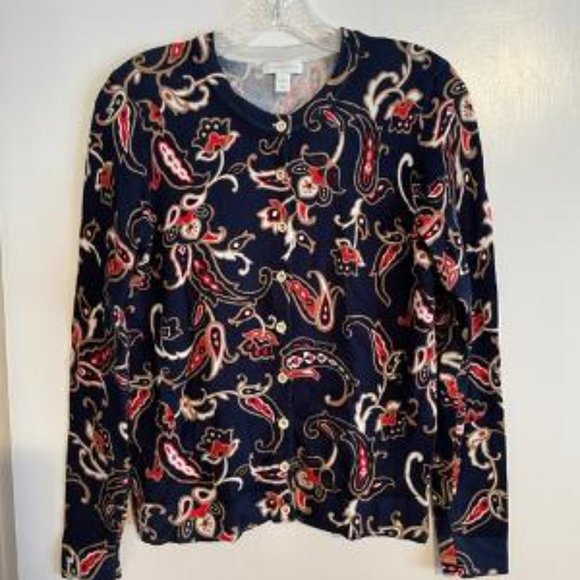 Charter Club Navy Blue Paisley Cardigan with White and Gold Buttons, Size Small - Picture 3 of 4